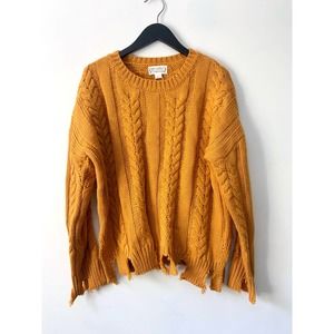 Yellow Distressed Hem Chunky Knit Sweater NEW